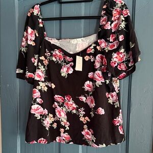 Maurices Black Floral Square-Neck Blouse with Pink Blooms